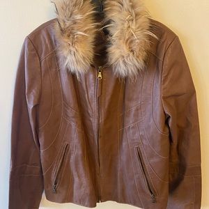 Tan/Brown Leather Jacket w/Real Fur Detachable Collar.